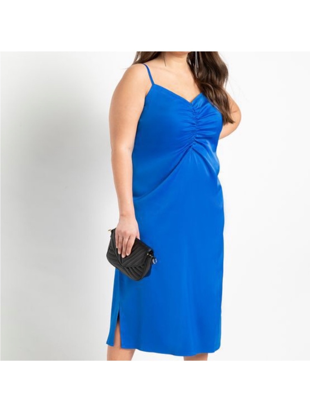 NWT Eloquii Cobalt Ruched Midi Slip Dress, Satin, Blue, 16, 16W, Evening